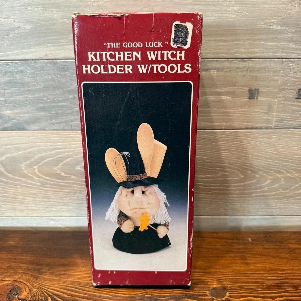 Vintage Good Luck Kitchen Witch Utensil Holder with Wooden Spoons and Whisk Set